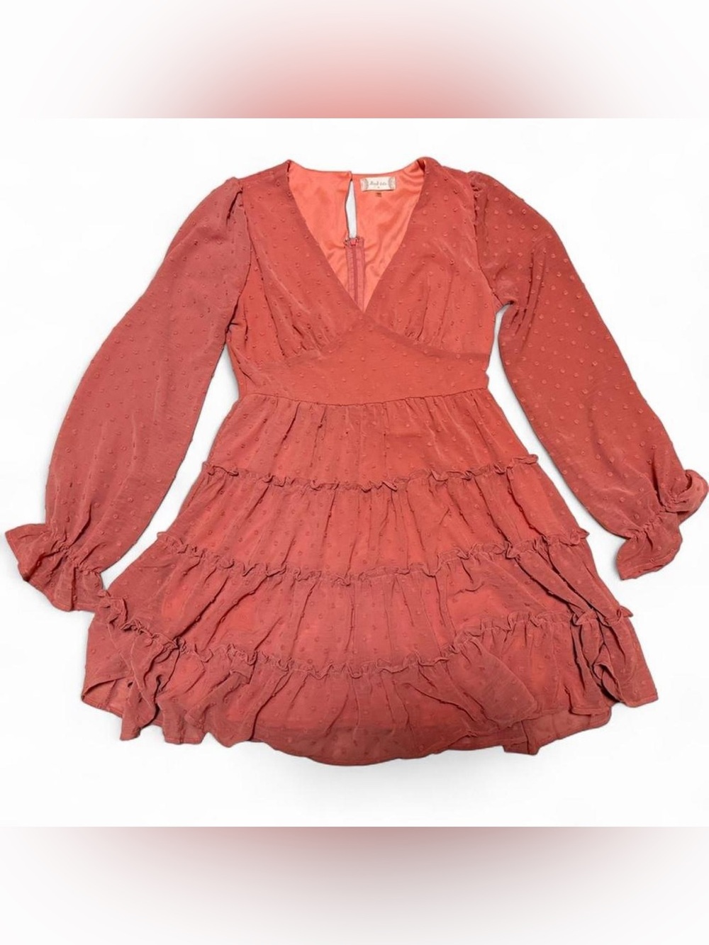 Altar'd State Rust Orange Swiss Dot Tiered Long-Sleeve Dress